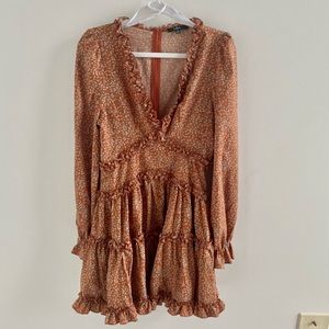 Flower Plunge Neck Ruffle Dress - M